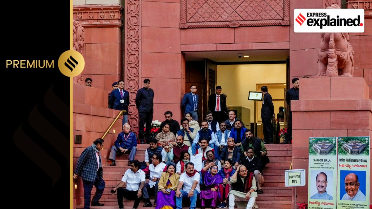 Suspended Opposition MPs protest during the Winter session of Parliament, in New Delhi, Monday, Dec. 18, 2023.