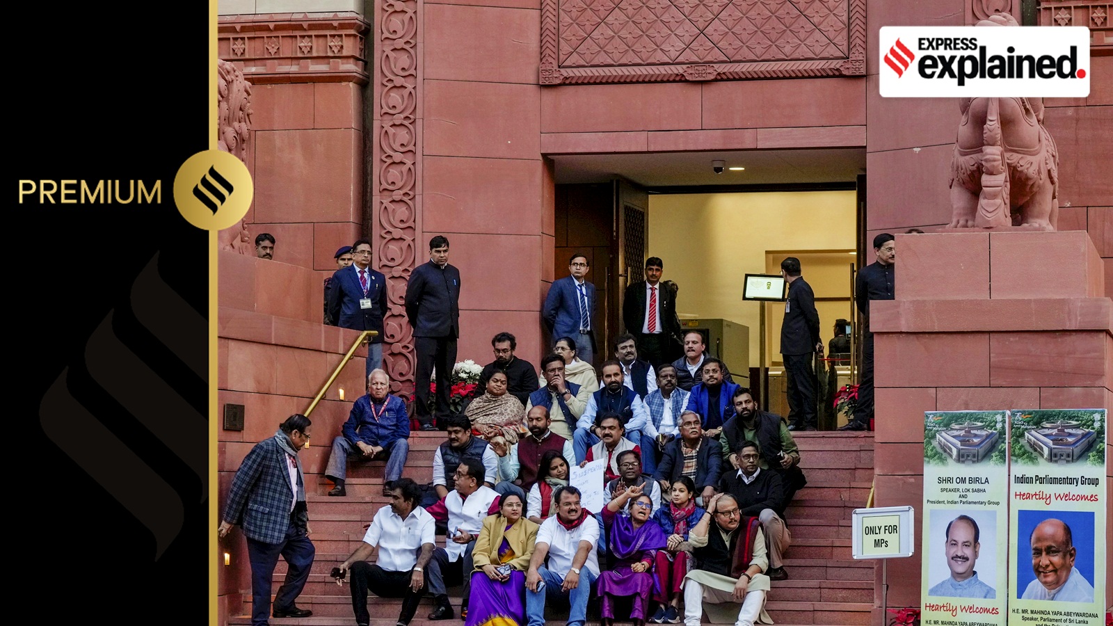 Suspended Opposition MPs protest during the Winter session of Parliament, in New Delhi, Monday, Dec. 18, 2023.