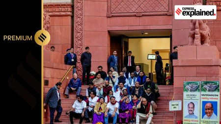 Suspended Opposition MPs protest during the Winter session of Parliament, in New Delhi, Monday, Dec. 18, 2023.