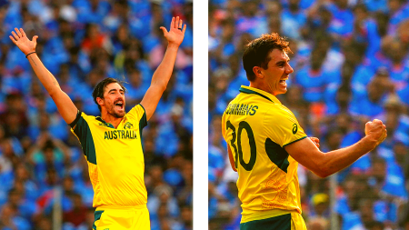 IPL 2024 Auction: Australia's Mitchell Starc (left) and Pat Cummins during the Men’s Cricket World Cup 2023 final against India. Both players went past the Rs 20-crore milestone in the IPL auctions. (PHOTOS: PTI)