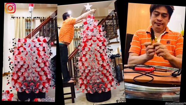 Instead of buying a traditional Christmas tree, the man in Cainta city built his own “tree” out of plastic bottles.