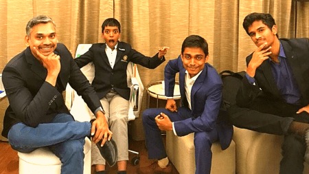 RB Ramesh (left) with Praggnanandhaa, Aravindh Chithambaram and Karthikeyan Murali. (PHOTO Praggnanandhaa via X)