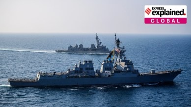 The guided-missile destroyer USS Mason (DDG 87) sails alongside the Japanese Murasame-class destroyer Akebono (DD 108) in the Gulf of Aden Nov. 25, 2023.