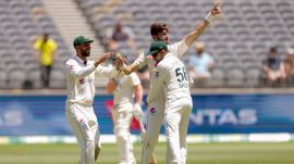Shaheen Shah Afridi of Pakistan is congratulated by teammates after dismissing Usman Khawaja of Australia during play on the first day of the in Perth, Australia. (AP | PTI)