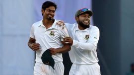 Bangladeshi Cricketer Mushfiqur Rahim and Taijul Islam during the fourth day of the first test cricket match at Sylhet, Bangladesh. (AP)