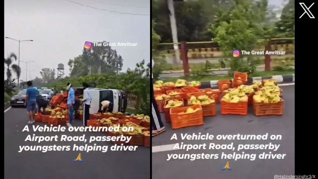 Tempo carrying bananas overturns in Amritsar, youngsters seen helping driver load them back