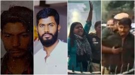 (From left) Sagar Sharma, Manoranjan D, Neelam Azad and Amol Shinde — the four people arrested over their involvement in the Parliament security breach.