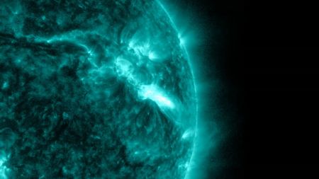NASA’s Solar Dynamics Observatory captured this image of a solar flare – as seen in the bright flash in the upper right.