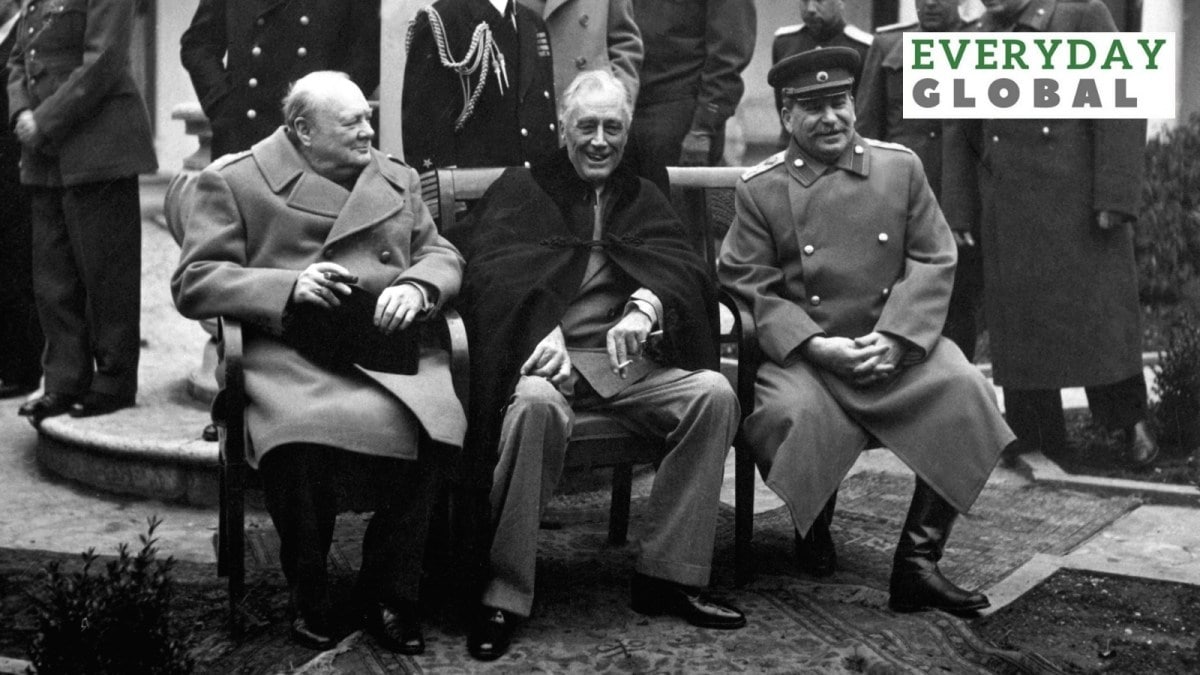 Conference of the Big Three at Yalta makes final plans for the defeat of Germany. They are UK Prime Minister Winston Churchill, US President Franklin D Roosevelt, and USSR Premier Josef Stalin in 1945.