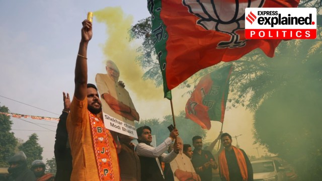Party workers celebrate the assembly elections' results on Sunday, December 3, at the BJP headquarters in New Delhi.