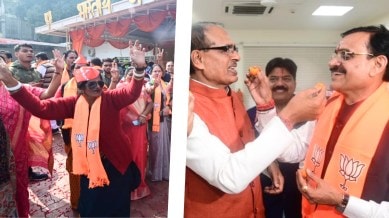 Madhya Pradesh Election Result 2023 Live: CM Shivraj Singh Chauhan and BJP party state in-charge V D Sharma exchange sweets (right) as party workers celebrate the election results on December 3, 2024. (Facebook/BJP Madhya Pradesh)