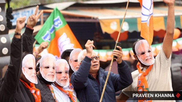 BJP workers celebrate election results at BJP office in Jaipur, Rajasthan. (Express Photo by Praveen Khanna)