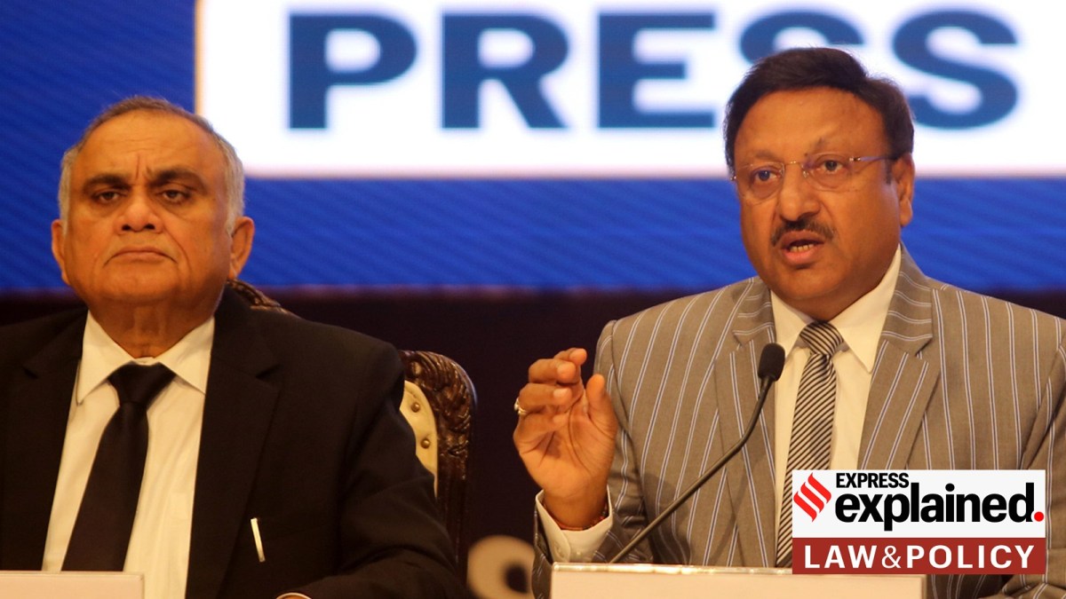 Chief Election Commissioner Rajiv Kumar (right) with Election Commissioner Anup Chandra Pandey during a press conference for the announcement of schedule of Assembly elections in Mizoram, Chhattisgarh, Rajasthan, Madhya Pradesh and Telangana, in New Delhi, Monday, Oct. 9, 2023.