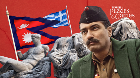 indian express news quiz banner showing parthenon elgin marbles, nepal flag, greece flag and vicky kaushal in the role of sam manekshaw.