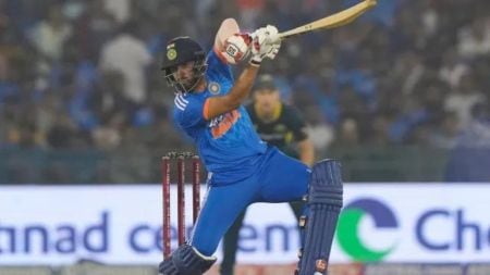 India's Jitesh Sharma plays a shot during the fourth T20 cricket match between Australia and India in Raipur, India, Friday, Dec. 1, 2023. (AP Photo/Mahesh Kumar A.)