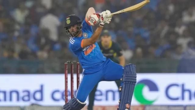 India's Jitesh Sharma plays a shot during the fourth T20 cricket match between Australia and India in Raipur, India, Friday, Dec. 1, 2023. (AP Photo/Mahesh Kumar A.)