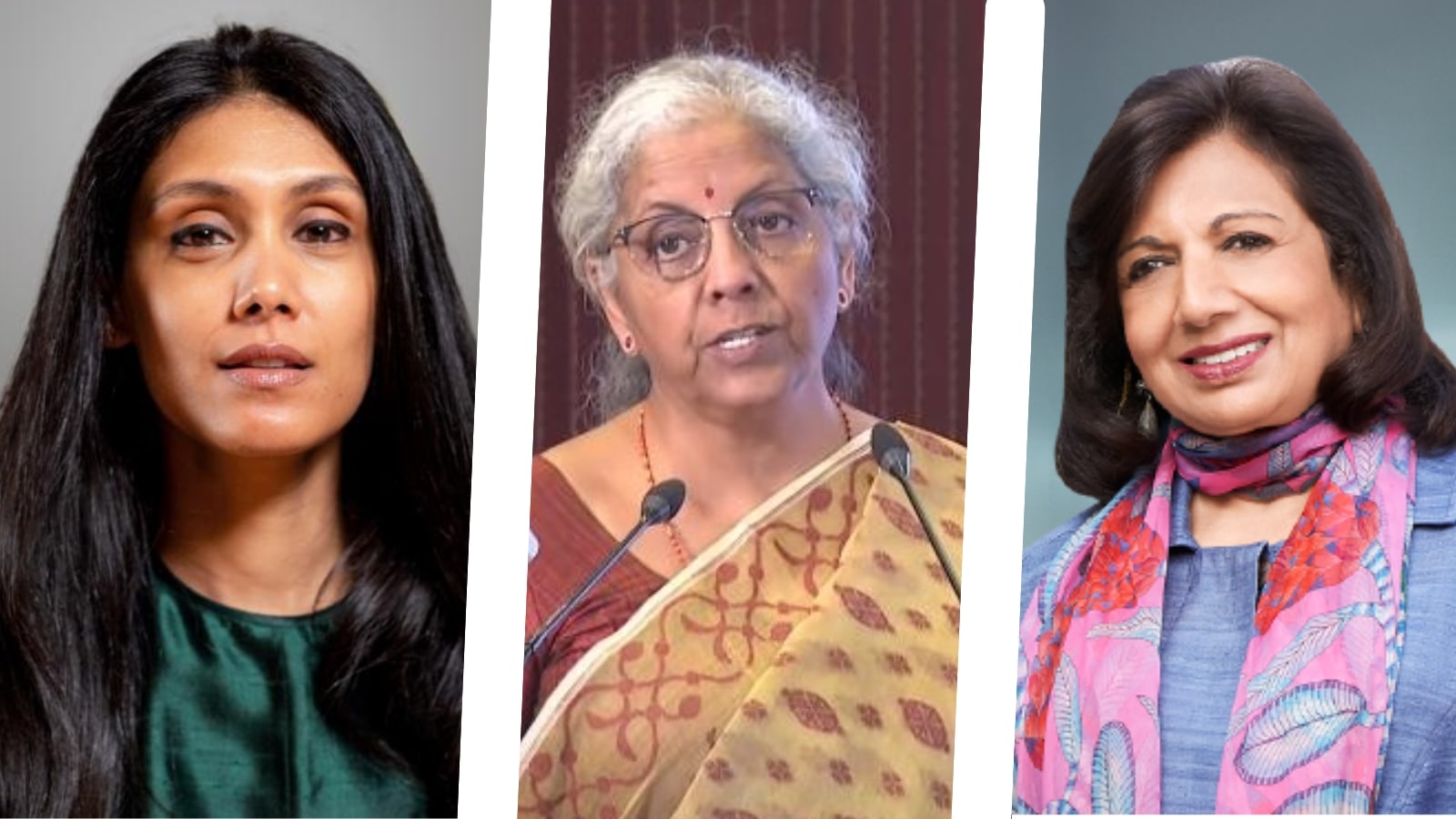 This combination photo shows HCL Corporation Roshni Nadar Malhotra, Union Finance Minister Nirmala Sitharaman and Biocon Executive Chairperson Kiran Mazumdar-Shaw. (Photos via official websites)