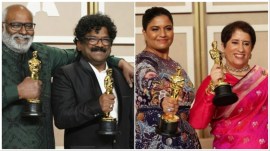 Oscars 2023 Winners India: M M Keeravaani and Chandrabose (left) and Kartiki Gonsalves and Guneet Monga pose with the Oscar, at the 95th Academy Awards in Hollywood, Los Angeles, California. (Images: AP/ PTI, REUTERS)