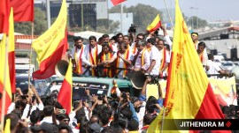 Members of the Karnataka Rakshana Vedika during a protest in Bengaluru on Wednesday. (Express Photo by M Jithendra)