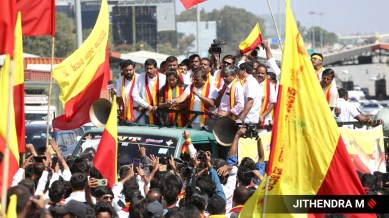 Members of the Karnataka Rakshana Vedika during a protest in Bengaluru on Wednesday. (Express Photo by M Jithendra)