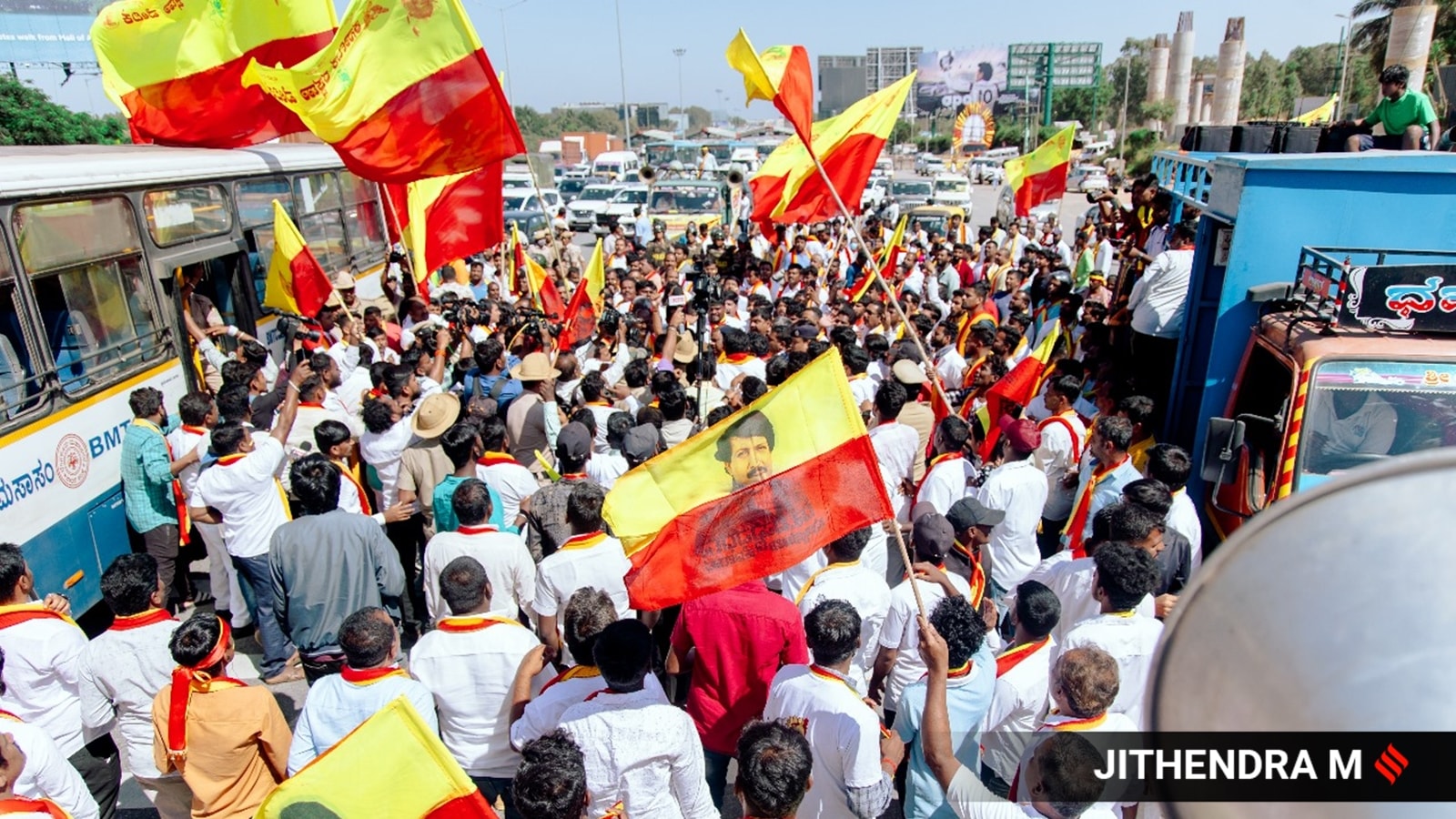 Members of the Karnataka Rakshana Vedika during a protest in Bengaluru on Wednesday. (Express Photo by M Jithendra)