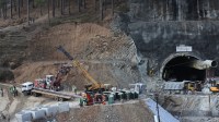 A vertical drilling machine at the site of the ongoing rescue op Uttarakhand tunnel