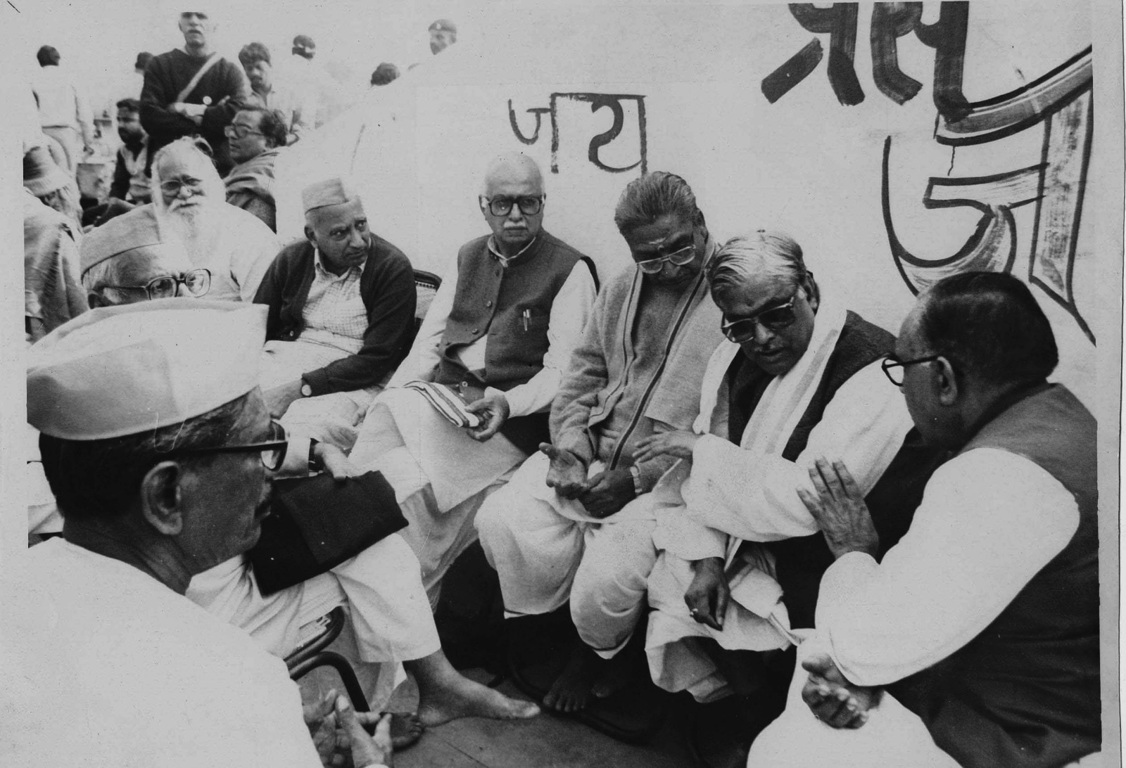 BJP leaders LK Advani, Murli Manohar Joshi and others during a meeting after the kar sevaks started the demolition of Babri Masjid. Express Archive