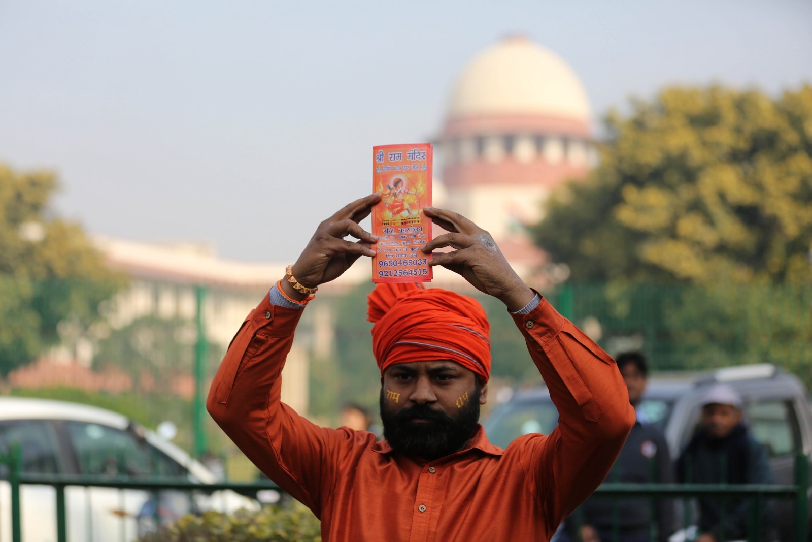 Supporters of the Temple at the Supreme Court in New Delhi, where the heairng in the Ayodhya Babri case was underway on Thursday. Express Photo by Tashi Tobgyal New Delhi 100119 *** Local Caption *** Supporters of the Temple at the Supreme Court in New Delhi, where the heairng in the Ayodhya Babri case was underway