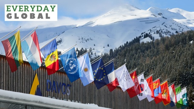 Flags fly on Davos Congress Centre ahead of the annual meeting of the World Economic Forum (WEF) in Davos, Switzerland, January 15, 2024.