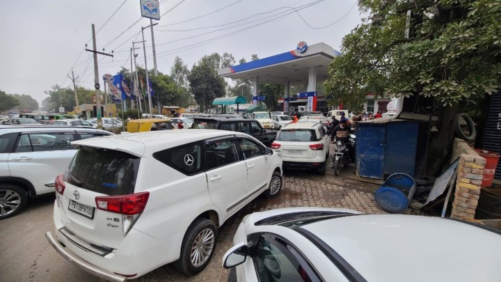 Rush at petrol pump at Landran road in Mohali, Express photo by Jasbir Malhi