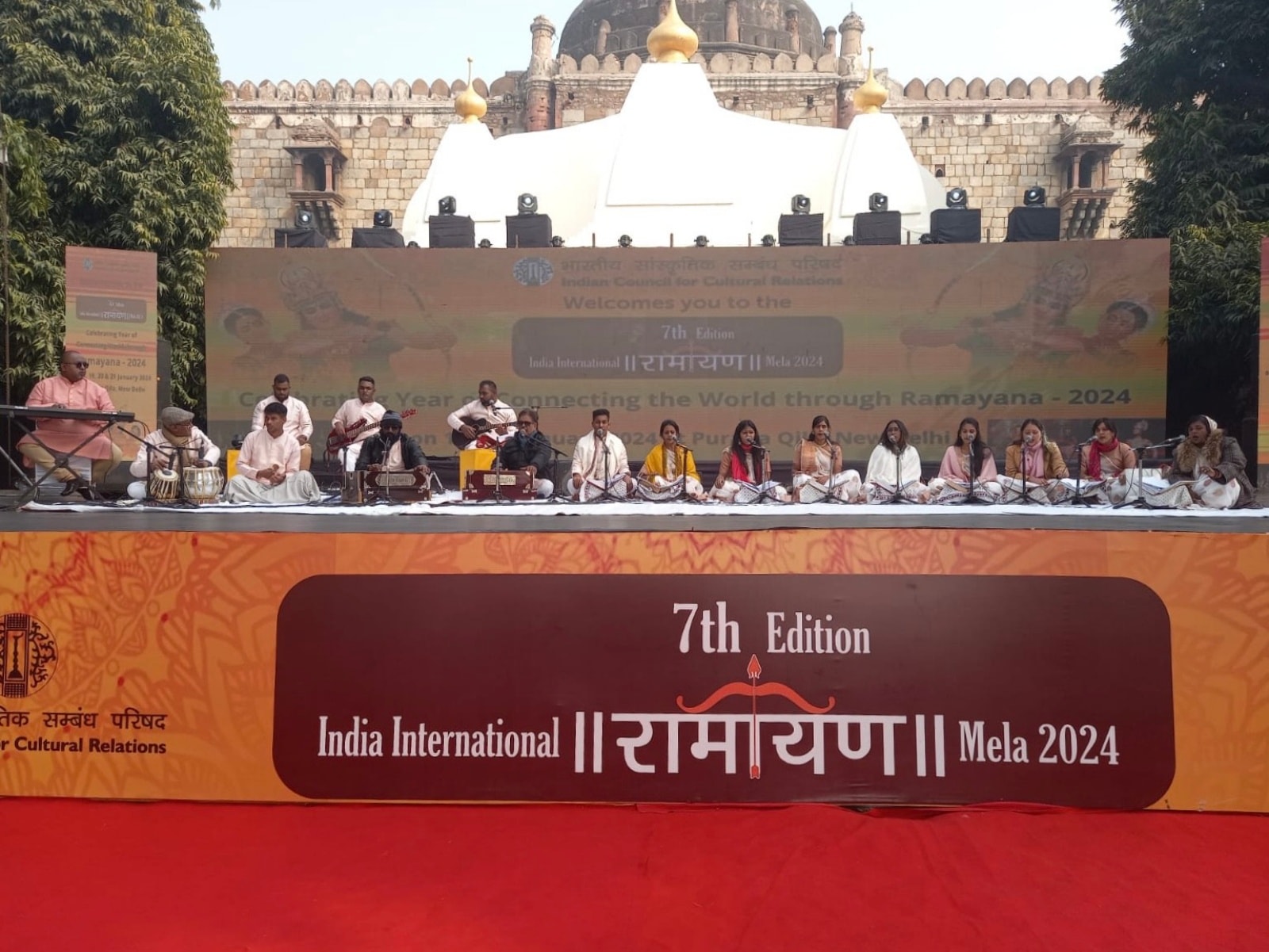 A group of 20 musicians from Mauritius performing the Chowtal in New Delhi. Later in the week, they will also be performing in Ayodhya for the consecration. Photo credit: Vikash Anghnoo