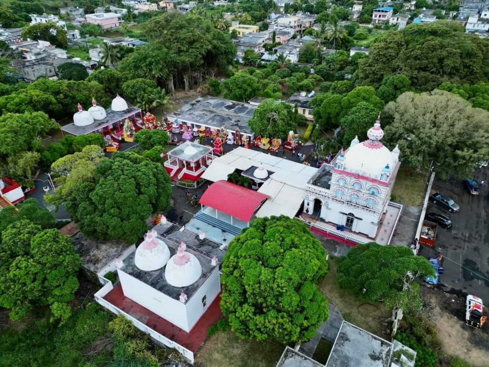  An aerial view of the Maheswarnath Mandir, a Hindu temple located in the town of Triolet, Mauritius. The presiding deity of the temple is Lord Shiva. The temple was founded in 1888 by Pandit Shri Sajeebunlall Ramsoondur, who came from Calcutta. It is among Mauritius' oldest temples. Photo credit: Prof. Mohurlall Chummun