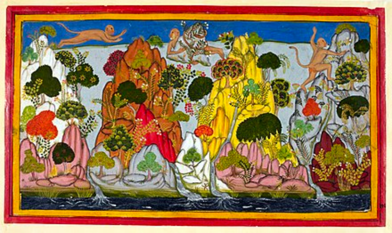 An illustration of Hanuman searching for the Sanjivini Herb