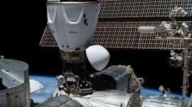 The SpaceX Dragon Freedom spacecraft is pictured docked to the space station on May 28, 2023, during Axiom Space’s second private astronaut mission, Axiom Mission-2.