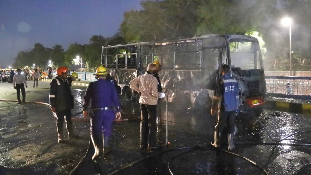 Ahmedabad Bus fire, Bus catches fire in Ahmedabad, engine spark, AFES, ahmedabad news, indian express news