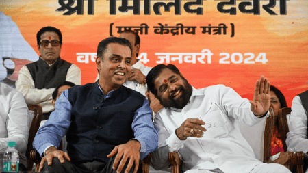 Milind Deora, a former Congress leader and Lok Sabha MP, joins Shivsena (Shinde faction) in the presence of Eknath Shinde, Chief Minister of Maharashtra, at Varsha Bungalow in Mumbai on 14 January 2024. Express photo by Sankhadeep Banerjee