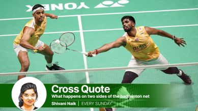India's Satwiksairaj Rankireddy, right and Chirag Shetty competes during the men's doubles badminton semifinal match against South Korea's Kang Min Hyuk and Seo Seung Jae at the Malaysia Open badminton tournament at Bukit Jalil Axiata Arena in Kuala Lumpur, Malaysia. (AP)