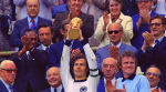West Germany captain Franz Beckenbauer holds up the World Cup trophy after his team defeated the Netherlands by 2-1, in the World Cup soccer final at Munich's Olympic stadium, in West Germany, on Jul. 7, 1974