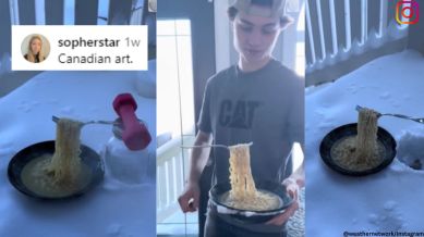 The challenge includes taking a bowl of ramen outside in sub-zero weather so that the forkful of ramen freezes in mid-air like a work of art.