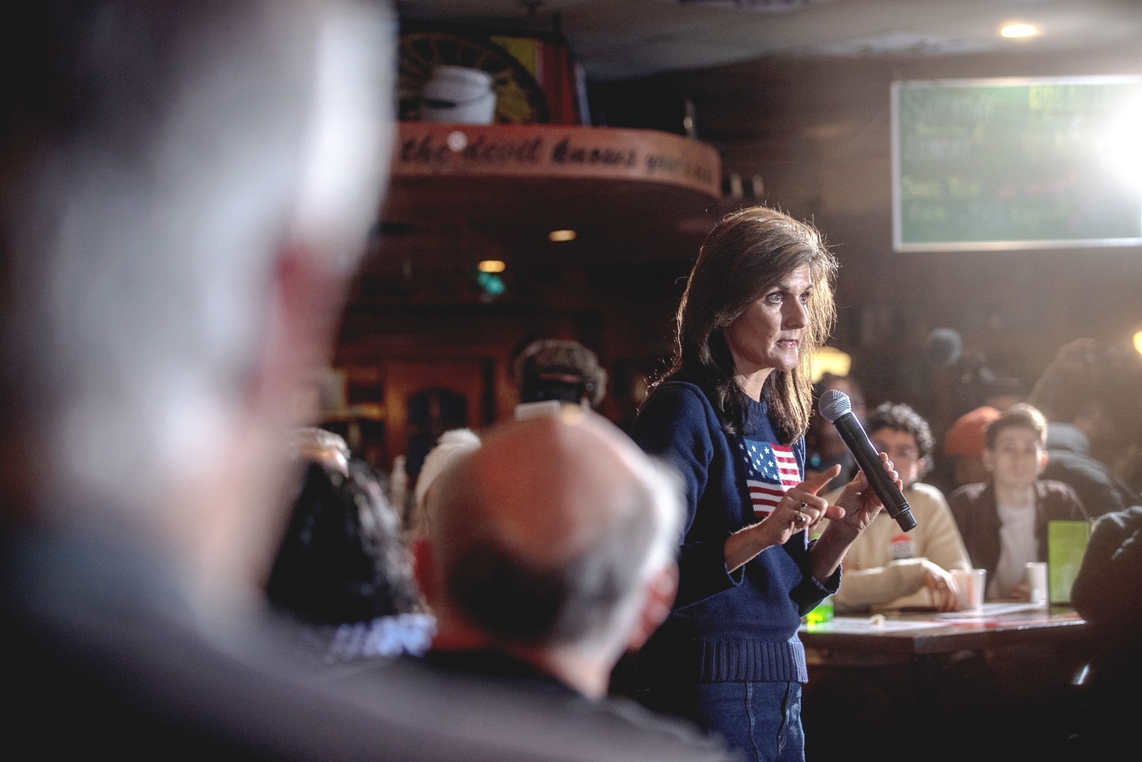 Nikki Haley, a Republican presidential candidate, speaks at MikeyÕs Irish Pub during a campaign event in Waukee, Iowa, on Tuesday, Jan. 9, 2024. Haley has attracted the interest of non-Republicans who say theyÕll caucus for her, as rivals attack her for an insufficiently conservative message. (Hilary Swift/The New York Times)