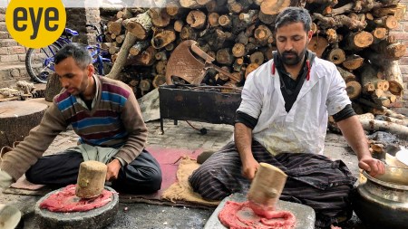 Butchers are pounding sheep meat in Srinagar to make a traditional Kashmiri dish called Gushtaba (Credit: Chef Thomas Zacharias)