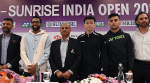 (L-R) Mr.Nikhal Singhal (HSBC India), HS Prannoy,Mr. Sanjay Mishra (Gen Sec, BAI), Kunlavut Vitidsarn,Lakshya Sen,Mr. Vikram Dhar(Managing Director,Yonex Sunrise India) at the inaugural PC of India Open in Delhi