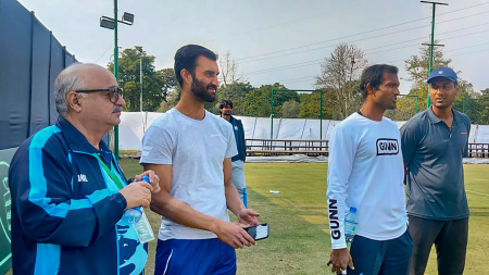The Indian tennis team at the Islamabad Sports Complex ahead of the Davis Cup 2024 tie against Pakistan, in Islamabad. (PTI Photo)