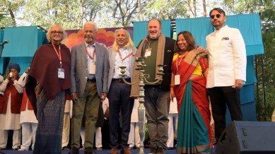 Namita Gokhale, William Dalrymple and JLF Director Sanjoy Roy at the inaugural session of Jaipur Literature Festival 2023 at Clarks Amer, Jaipur