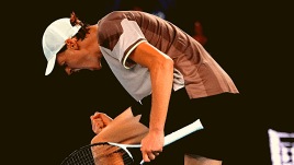 Jannik Sinner of Italy reacts after winning the second set against Andrey Rublev of Russia during their quarterfinal match at the Australian Open tennis championships at Melbourne Park, Melbourne, Australia, Wednesday, Jan. 24, 2024. (AP Photo/Alessandra Tarantino)