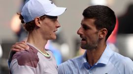 Jannik Sinner, left, of Italy is congratulated by Novak Djokovic of Serbia following their semifinal at the Australian Open tennis championships at Melbourne Park, Melbourne, Australia. (AP | PTI)