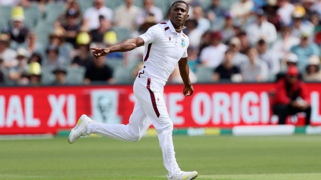 West Indies' Shamar Joseph celebrates after taking the wicket of Australia's Cameron Green. (AP)