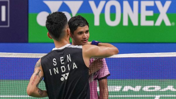 India's Priyanshu Rajawat and compatriot Lakshya Sen after the men's singles Round of 32 badminton match at the Yonex Sunrise India Open 2024, in New Delhi. (PTI)