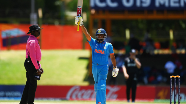 Musheer Khan of India celebrates a century during the ICC U19 Men's Cricket World Cup South Africa 2024 Super Six match between India and New Zealand at Mangaung Oval on January 30, 2024 in Bloemfontein, South Africa.