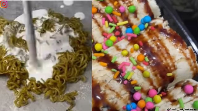 Maggi is mixed with vanilla ice-cream and turned into ice-cream rolls.